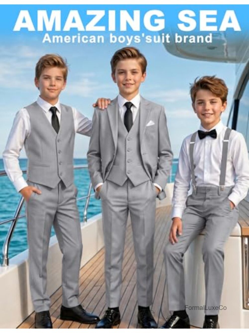 7-Piece Boys Formal Suit Set Adjustable Waist Suspenders - Picture 2 of 6